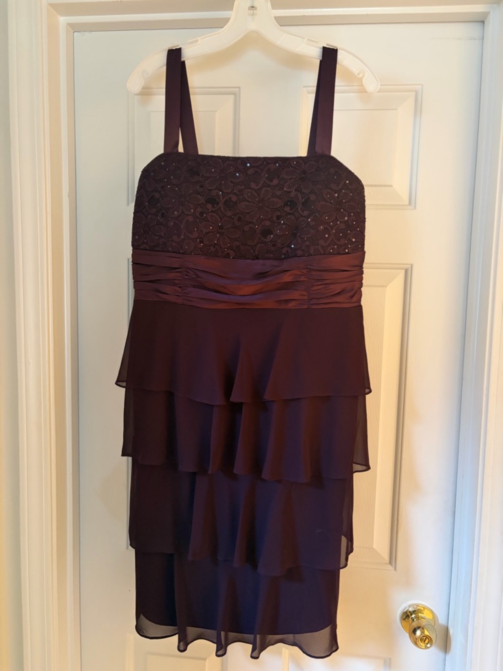 R&M Richards Plum Tiered Chiffon Beaded Midi Dress